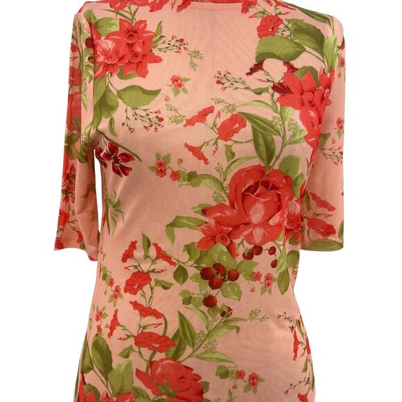 Anthropologie Half-Sleeve Mesh Top Tee Floral Print Peach Pink Red Size Small - Picture 4 of 12